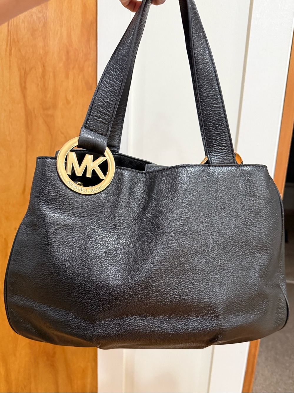 Michael Kors Black Pebbled Shoulder Tote with Gold MK Charm